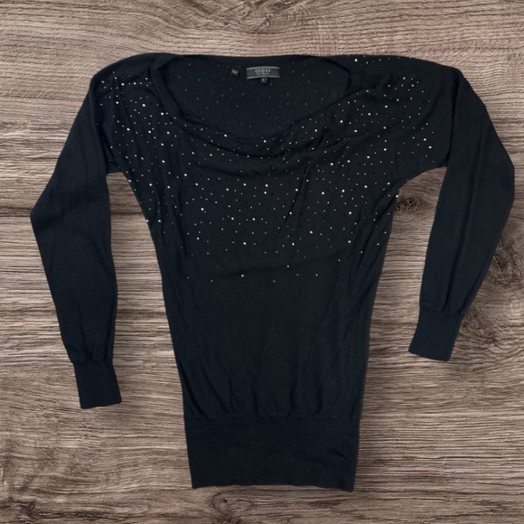 Guess Los Angeles Swarovski Sweater Black Long Sleeve Scoop Neck Sz: S - Picture 2 of 9
